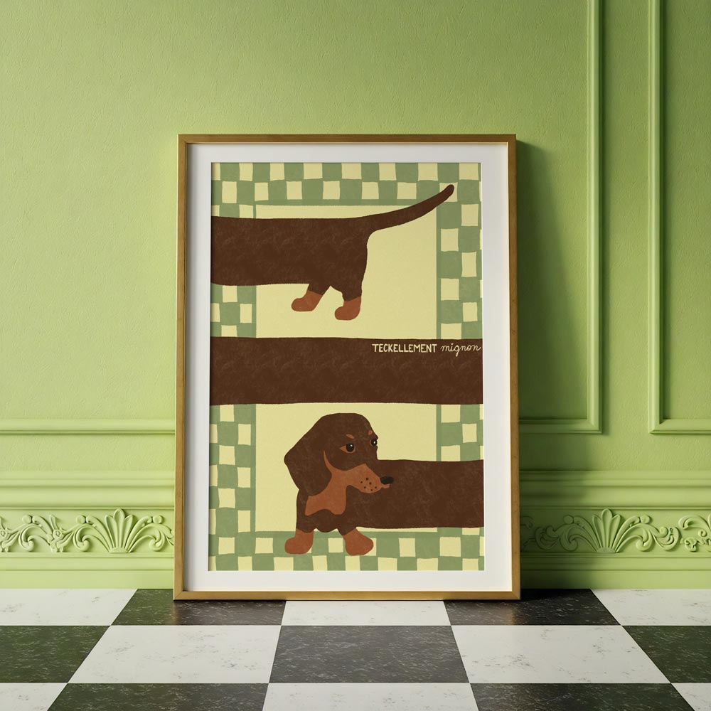 Affiche Illustration chien teckel avec damier